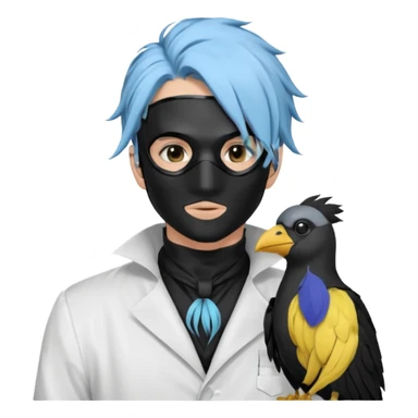 Handsome sexy adult anime man with light-blue hair and a black bird beak mask that covers whole face, black face mask, black mouth mask, black feathers draped over shoulder, wearing a white lab coat, long thin hair tendrils on the sides sticker