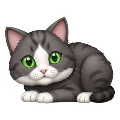 dark grey cat with green eyes, white toes/paws and white patch on her chest playfully rolling upside down sticker