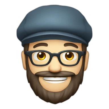happy smile gardener face long dark beard and short dark hair with little transparent glasses and a french beret sticker