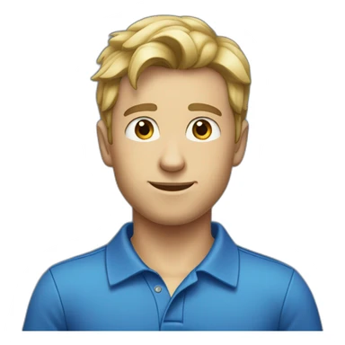 caucasian male, black scraggy hair, blue polo shirt sticker