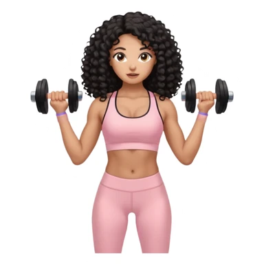 Mixed-race athletic woman with bronzed caramel skin, long black curly hair, wearing pastel pink sports bra and leggings, lifting soft beige dumbbells sticker