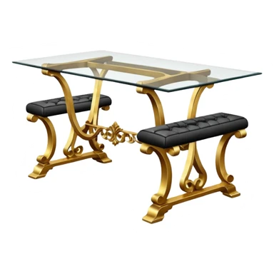 A glass topped rectangular trestle table with 2 side benches and 2 thrones at the ends sticker