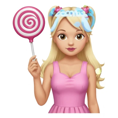 Emma Bunton with long blonde ponytails wearing light pink body dress holding a lollipop sticker