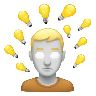 Create an emoji of a person deep in thought, with a pondering expression, as if working on an idea. Small light bulbs float around the head, symbolizing brainstorming and the emergence of creative thoughts. sticker