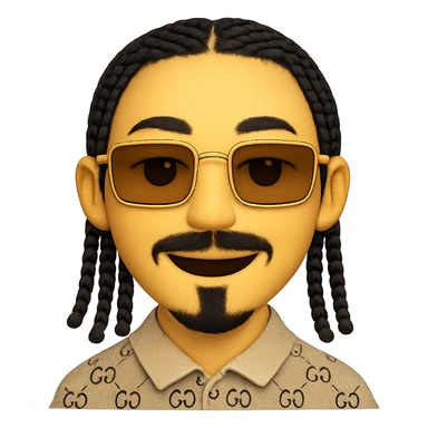 emoji of a smiley with a thin face, slightly lighter skin tone, beard only on the chin (no hair under the lower lip), mustache only above the upper lip, very detailed black braided hair, rectangular golden sunglasses, beige top with GG pattern and visible collar, transparent background, faithful details to reference photos sticker