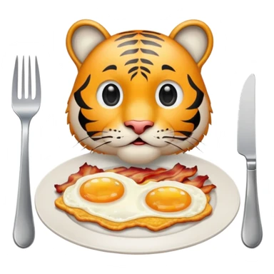 Tiger sitting by a table with a plate of 2 eggs and bacon in front of him on the table place setting sticker