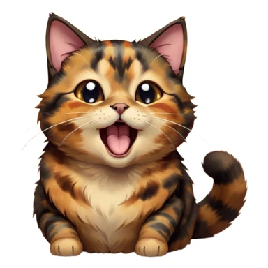 Cinematic Cute Yawning Tortoiseshell Cat Portrait Emoji, Head slightly tilted with a wide, adorable yawn and half-closed, dreamy eyes, featuring a warm, mottled fur of rich browns and blacks, simplified yet irresistibly cute, highly detailed, glowing with a soft, slumbering radiance, high shine, exuding a relaxed, drowsy charm, styled with a gentle, soft glowing outline, capturing the essence of a tortoiseshell cat in a precious moment of sleepy delight! sticker