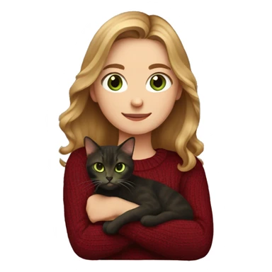 White girl with green eyes and light brown hair wearing a dark red sweater and holding a dark tortoiseshell cat sticker