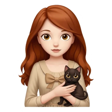 a beautiful girl with long red and brown hair, clear brown eyes, in a beige dress and with a beige bow holds two black cat in her hands sticker