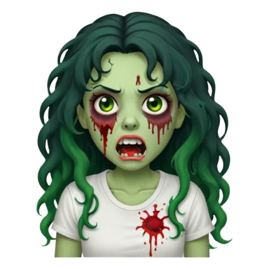 a zombie with long curly black hair volumoso, brown eyes, a white t-shirt and a splash of blood on her t-shirt, mouth open like a zombie, green skin color, not much expression, no drawing on shirt, no hands showing, less blood on her face,  sticker