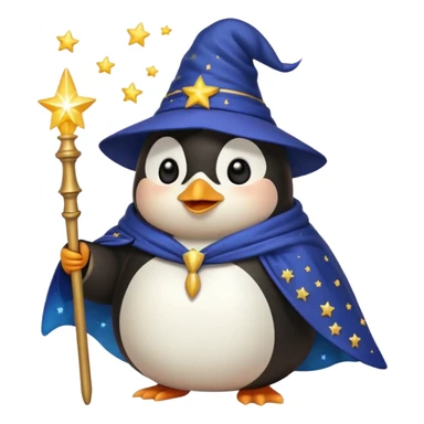 chubby penguin wizard with a starry cloak and a glowing wand, emoji style sticker