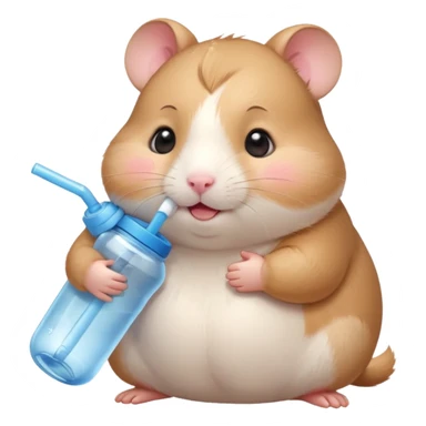 Cute chubby cartoon-style hamster hugging an oversized water bottle, sipping with tiny straw, happy expression. Painterly shading, expressive eyes, white background, sticker-style illustration sticker
