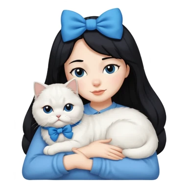 black hair woman snuggling white Persian cat with a blue bow sticker