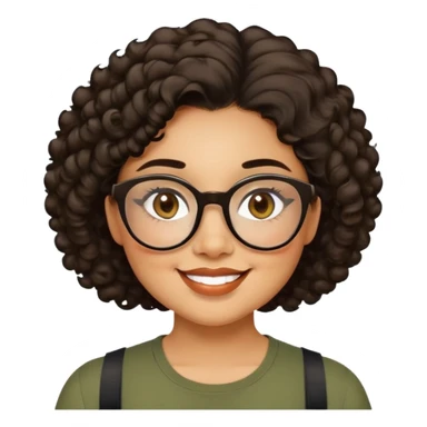 Woman in her 20s with caramel skin tone. Cheerful round face with chubby cheeks. Brown eyes behind thick black glasses. Voluminous short curly hair. Wide smile with dimples. Wearing olive green shirt with wide straps. sticker