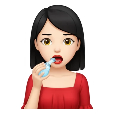 a girl with black hair and red dress rinsing mouth with pale yellow water coming out from a banana above her head sticker