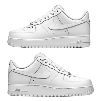 Pair of white Nike Air Force 1 sneakers, one showing the side profile and one showing the front sticker