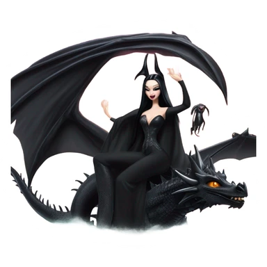empowered and glamorously  dressed teen Morticia Addams Malibu Beach Barbie Jedi flying/riding on the back of a very large black shiny evil-looking fire-spewing horned dragon. proper scale sticker