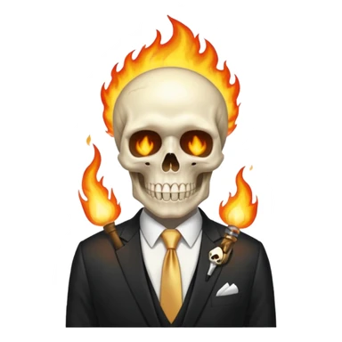 aesthetic shiny glowing divine lighting - Megadeth icon - a politician in an ivory ethereal suit wears a white tie, has a skull instead of a head, and instead of glasses, burns in fire sticker
