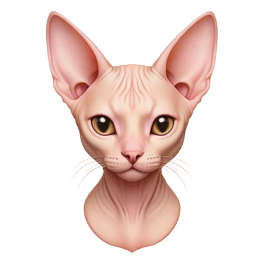 Cinematic Noble Sphynx Cat Portrait Emoji, Poised and regal, with smooth, hairless skin in warm peach and soft pink tones, striking large ears and intense almond-shaped eyes, Simplified yet sharp and sophisticated features, highly detailed, glowing with a soft, dignified glow, high shine, intelligent and graceful, stylized with an air of elegance, focused and attentive, soft glowing outline, capturing the essence of a watchful and refined feline, so majestic it feels as though it could glide across the screen with effortless confidence! sticker