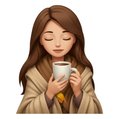 long brown hair woman closed eyes hiding under a cozy wool beige blanket, holding cup of coffee, autumn mood sticker