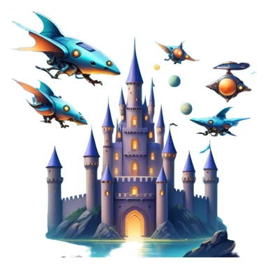 Icon for Fantasy and Sci-Fi Movies: A magical collage with flying dragons. futuristic spaceships and UFOs. Stars and planets shimmer in the background with a mystical castle Hogvards an ancient wizard and robots. The atmosphere is epic, otherworldly and adventurous. Transparent background. sticker