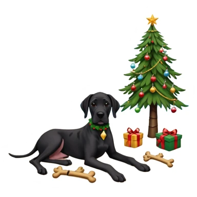 Black (no white) cropped Great Dane laying on a tropical beach with a Christmas tree and dog bones under the tree sticker