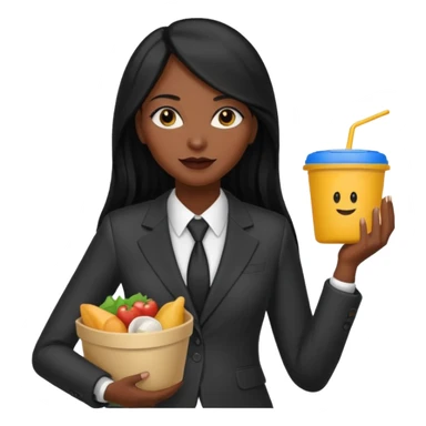 dark long haired woman with suit holding food container sticker