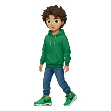 a 14 year old slightly tanned teenage boy with dark brown tousled wavy hair, dark brown eyes wearing a green tshirt, a dark green hoodie, blue jeans and green nike air jordans sticker