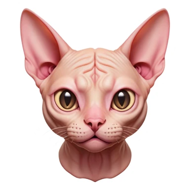 Cinematic Comical Sphynx Cat Portrait Emoji, Head tilted dramatically with an exaggeratedly shocked or offended expression, smooth, wrinkled skin in warm peach and pink hues, large bat-like ears perked up, piercing eyes widened in disbelief, Simplified yet hilariously expressive features, highly detailed, glowing with a slightly sassy glow, high shine, dramatic yet playful, stylized with an air of attitude, bright and endearing, soft glowing outline, capturing the essence of a sassy and over-the-top feline, so meme-worthy it feels like it could side-eye its way into internet fame instantly! sticker