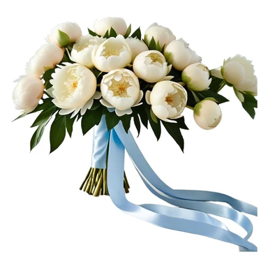 A lush bouquet of full-bloom white peonies, their petals soft as silk, rests on a lace-draped vanity table. A long, powder blue satin ribbon is delicately woven through the stems, its trailing ends cascading onto the wooden surface. The gentle glow of morning light filters through sheer curtains, casting a dreamy ambiance over the scene. Scattered pearl beads catch the light, reflecting a soft iridescence that complements the bouquet’s ethereal beauty. sticker