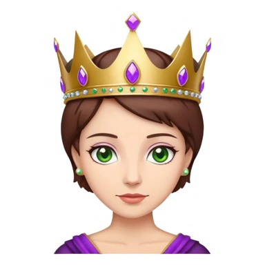 Purple crown on a queen with short brown hair and greene ye sticker