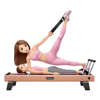 pretty white teen with hazel eyes and long brown hair and a small waist in light pink workout clothes in a plank on a pilates reformer sticker
