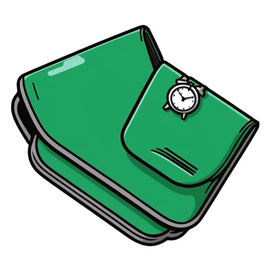 black wallet with a small clock hovering above it sticker