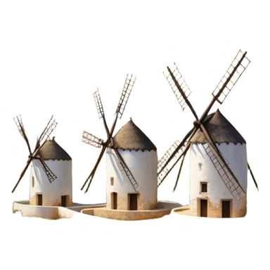 ​Cinematic Realistic Spanish Windmills (Mota del Cuervo), depicted as a cluster of gracefully aged windmills with weathered whitewashed facades and rustic wooden sails, standing proudly on a sunlit, rolling hillside of golden fields and olive groves, rendered with intricate textures and soft natural lighting that captures the timeless rural charm and historical significance of the Spanish landscape, sticker