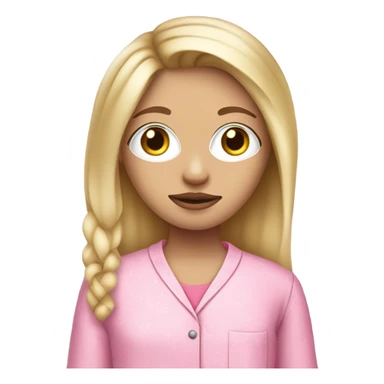 blonde girl medium length hair straight hair hazel eyes pouty lips button nose and white girl with a face mask on and pink pijamas  sticker