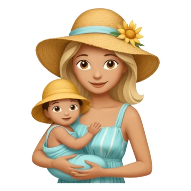 A mom in a sunhat holding her baby gently, wearing a sun-dress while smiling softly. sticker