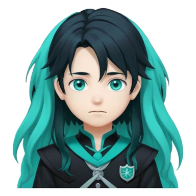 Tokito Muichiro emoji style — calm boy with long black hair fading mint green, turquoise eyes, pale skin, dreamy face, wearing dark Demon Slayer uniform, black + teal tone, anime cute clean style. sticker