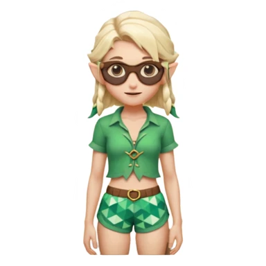 elf female legolas portrait, patterned board shorts (geometric/abstract), unique wooden-framed sunglasses, undercut hairstyle, slight smirk, visible pointy ears, no background, centered emoji, hipster summer vibe sticker