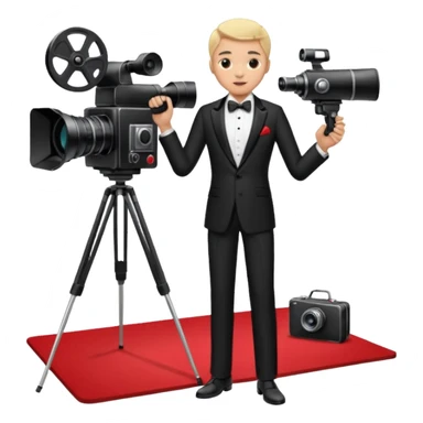 an actor standing on a red carpet with a formal tuxedo, with only one movie camera on a tripod next to him. sticker