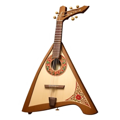 Create a refined and traditional emoji representing the 'Prima' balalaika produced by the company 'ПКМИ фонда П.И. Чайковского'. The design should feature the distinctive triangular shape of the balalaika, with visible strings and a beautifully crafted wooden body. Add subtle details like a decorative rosette or pick to emphasize the craftsmanship. Use warm wood tones, like rich browns and honey shades, to highlight the traditional and premium nature of the instrument. The background should be transparent. sticker