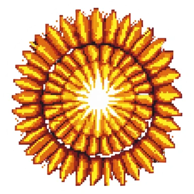 Bomberman explosion center tile, bright fiery explosion core with yellows and oranges radiating from center, circular explosion pattern, clean pixel art edges, slight transparency at edges sticker
