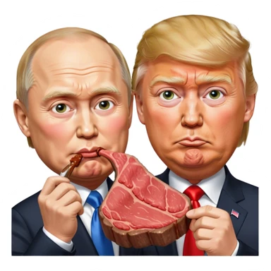 photorealistic Donald Trump and Putin eating a steak shaped like an piece of land sticker