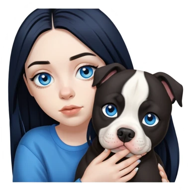 billie eilish, blue eyes, long black hair, dark eyeliner makeup, holding pitbull dog sticker