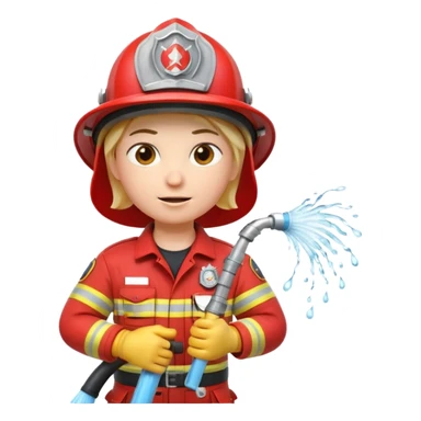 A 3D Apple-style emoji character dressed as a firefighter in a bright red uniform and helmet, holding a fire hose spraying water forward, determined expression with cartoonish eyes, water splashing effect, clean minimal background sticker