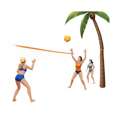 A volleyball resting on the orange sand of a beach, with a volleyball net in the background. The scene includes a beautiful beach landscape with blue sea, sky, and palm trees, while a couple of women in swimsuits play in the distance, capturing the relaxed yet competitive vibe of beach volleyball. sticker