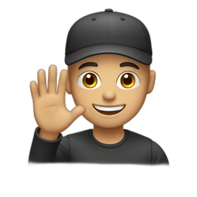 A bald guy with black cap smiling kindly and waving with the left hand sticker