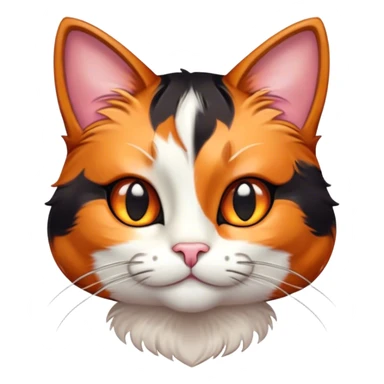 Cinematic Cute Calico Cat Portrait Emoji, Head tilted playfully with sparkling, inquisitive eyes and a charming patchwork fur of orange, black, and white, simplified yet irresistibly adorable, highly detailed, glowing with a warm, inviting glow, high shine, bubbly and affectionate, styled with a touch of whimsical feline charm, soft glowing outline, capturing the essence of a delightfully cute calico cat that looks as if it could prance off the screen into your heart! sticker