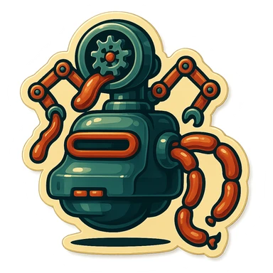 sausage-processing droid. retro-futuristic style. in front is a large industrial grinder rotating gears and blades. Two robotic arms feed material into grinder. Sausage links extrude from the rear like  factory. The body is metallic, compact, and floats above the ground.no legs. Dark humor sticker