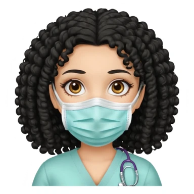 a pretty tan bratz girl with black curly hair. no makeup, looking sick, wearing a mask sticker