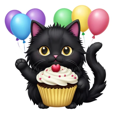 Long haired black cat fluffy with cupcake balloons sticker